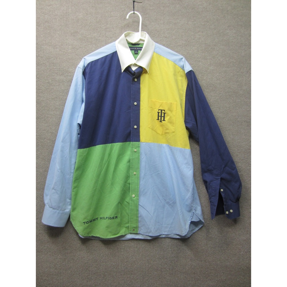 Vintage Tommy Hilfiger Colorblock Button Down Shirt Mens Medium Blue Yellow